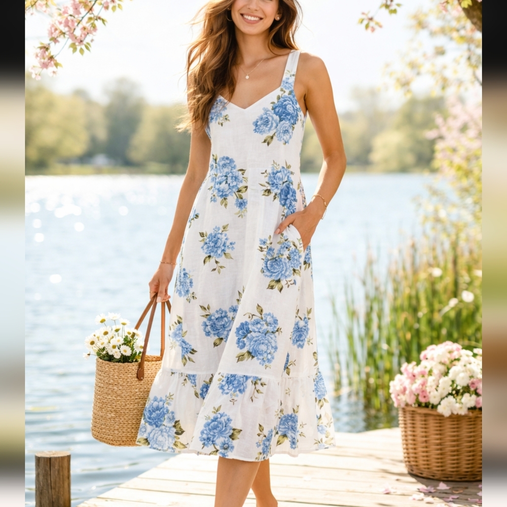 Cynthia Rowley Linen Blend Light Blue Floral Tiered Midi Dress SZ US 10 Like New